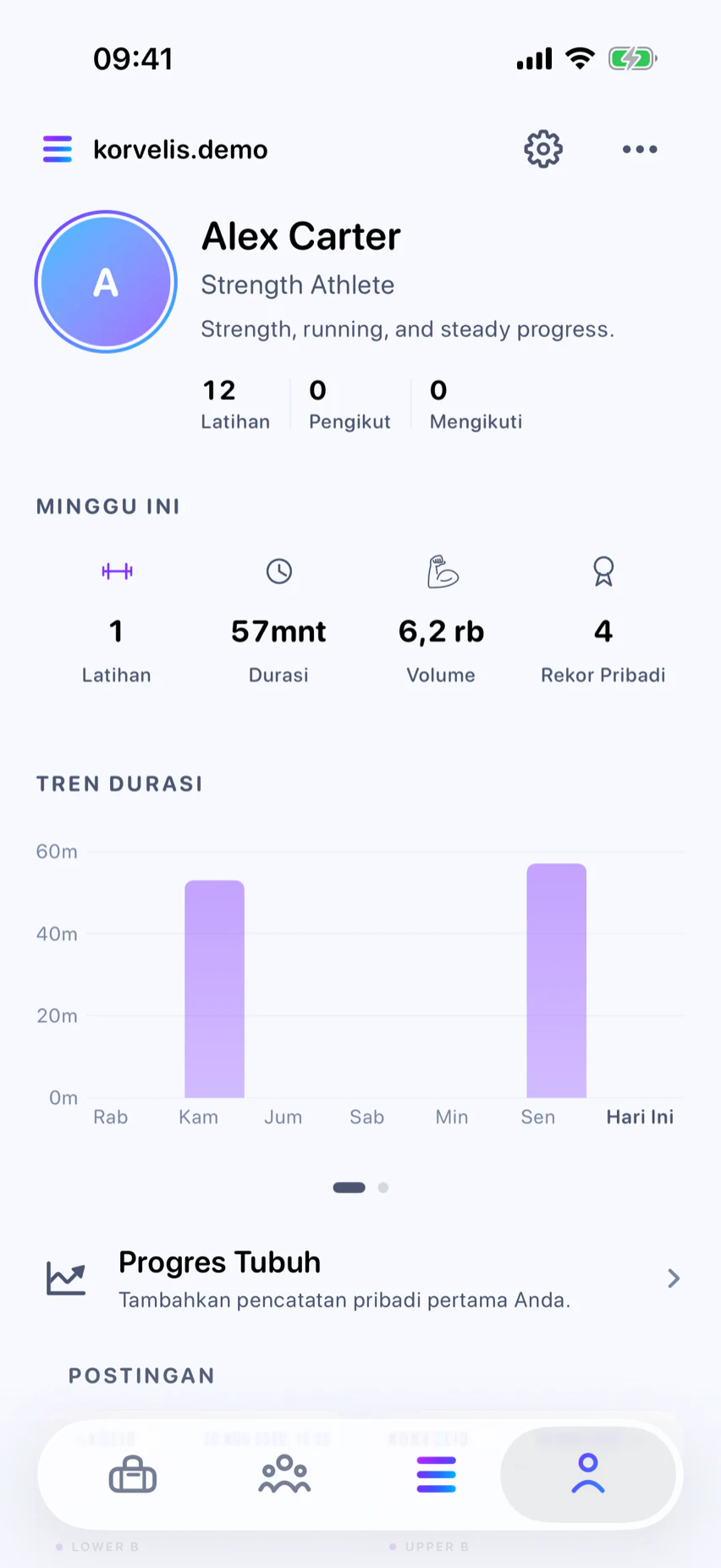 Profil: Identitas latihan Anda secara utuh.